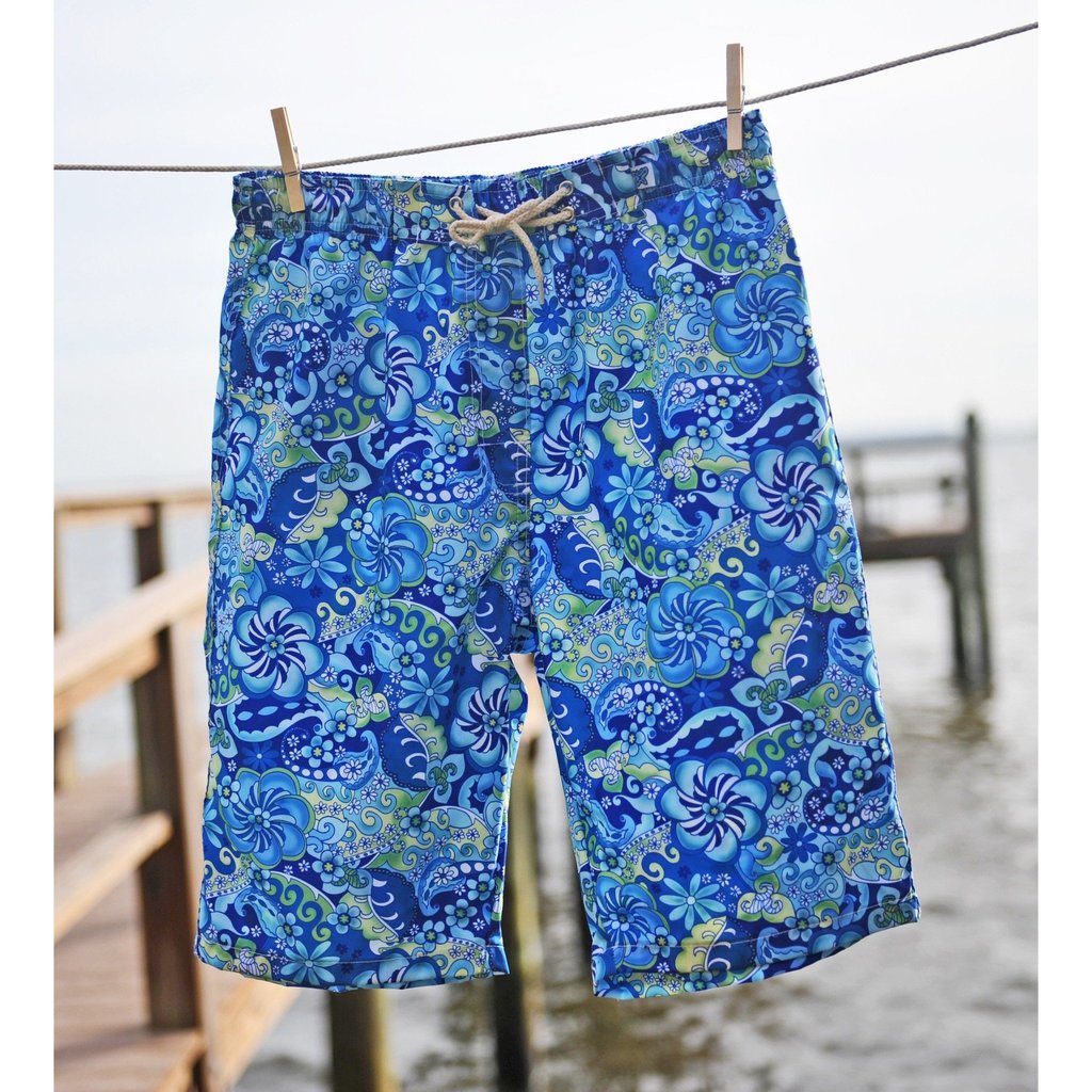 "Lucy in the Sky" (Blue) Women's Elastic Waist Swim Board Shorts. REGULAR Rise + 11" Inseam