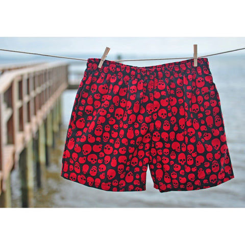 Men's (Swim) Board Shorts (Elastic Waist / Mesh Brief) - Approx 17.5" Outseam / 5" Inseam. "Live to Ride" Skulls print. (Choose from 3 colors)